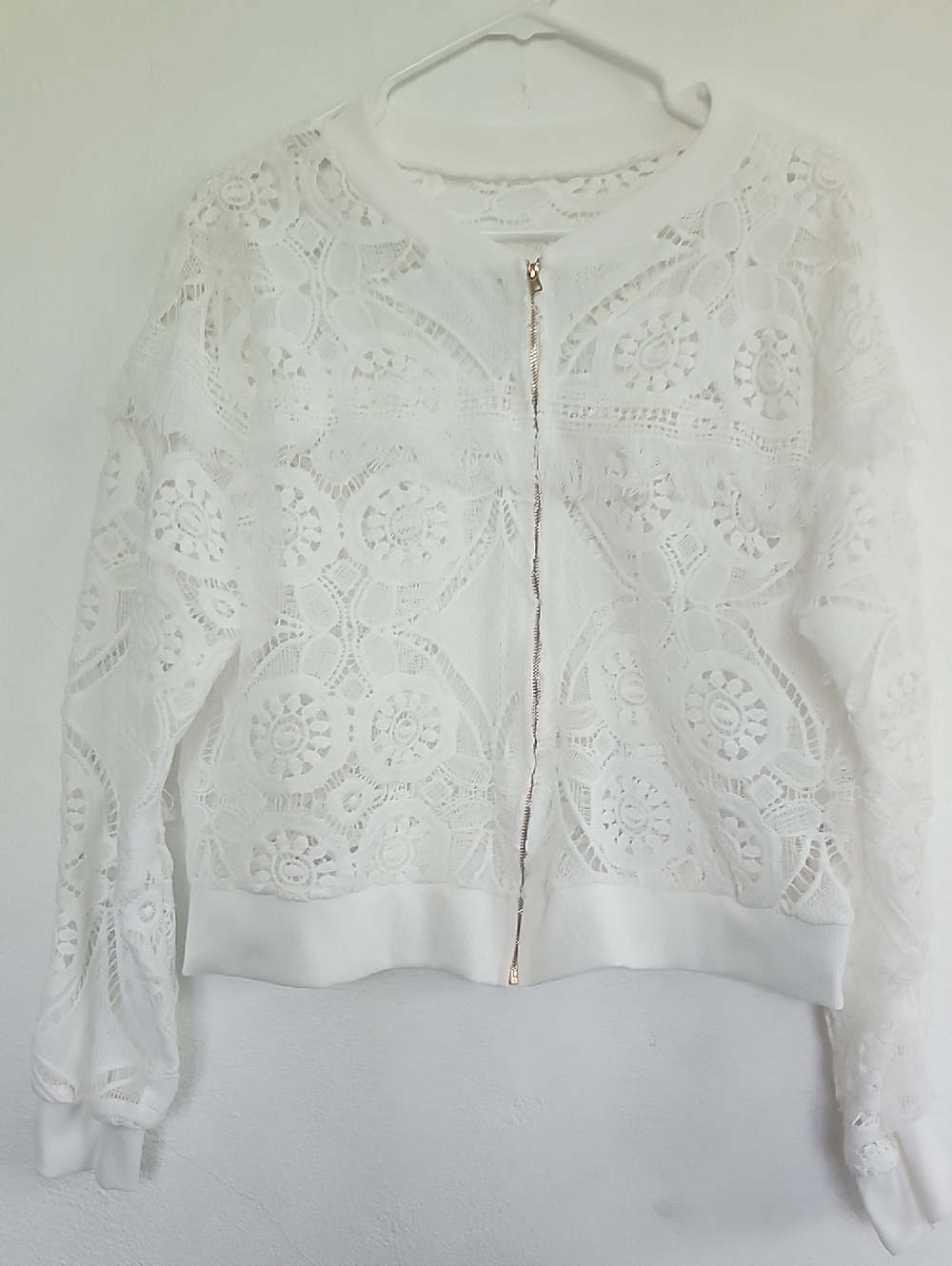 SHEIN White Lace Zip-Front Bomber Cardigan